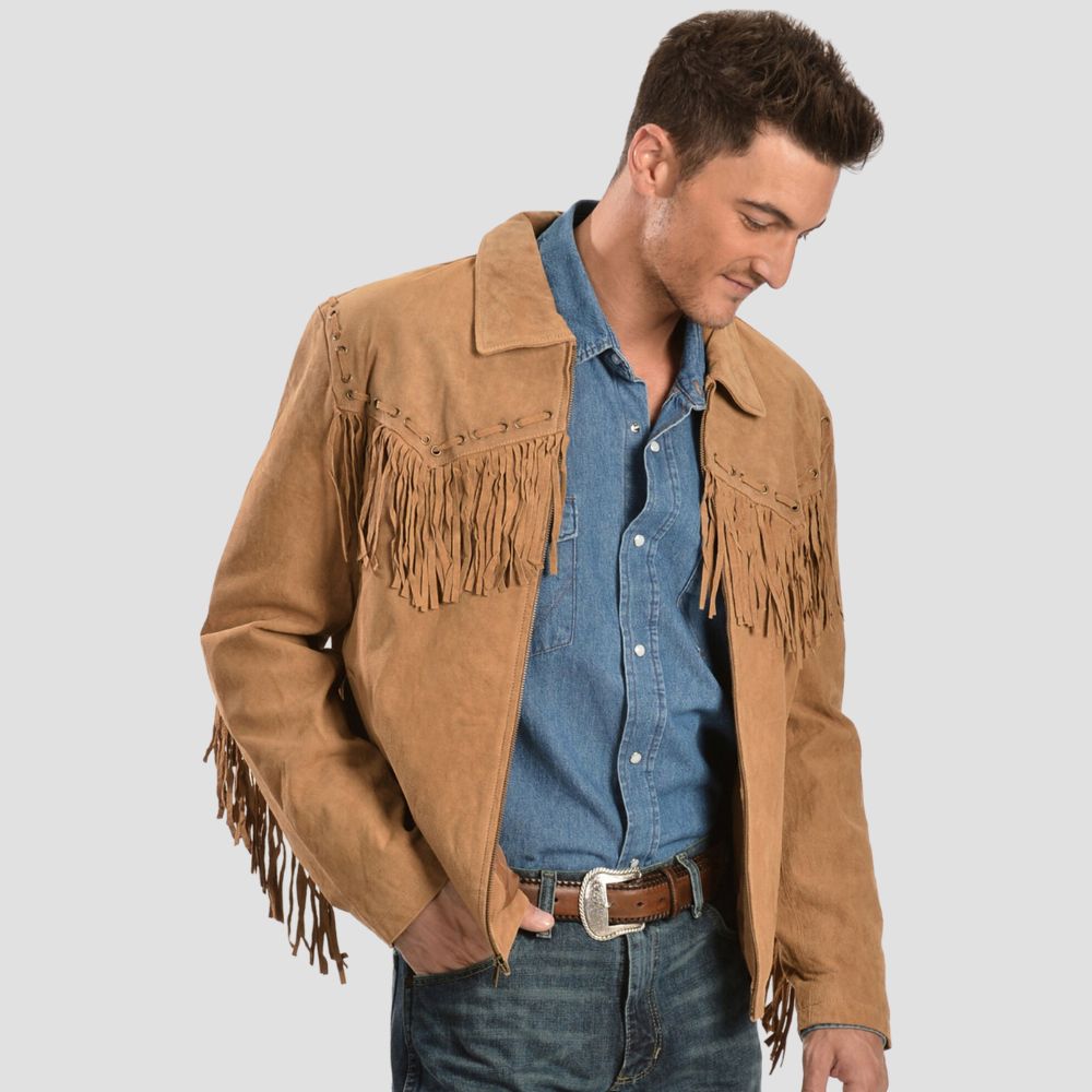 Add bold western flair to your wardrobe with this men’s suede fringe leather jacket, perfect for unique cowboy looks and effortless style.