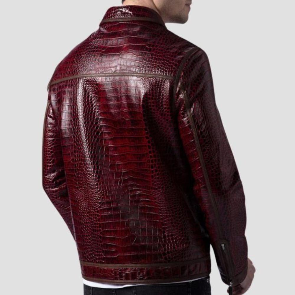 Men’s casual burgundy leather jacket with crocodile design and polyester lining.