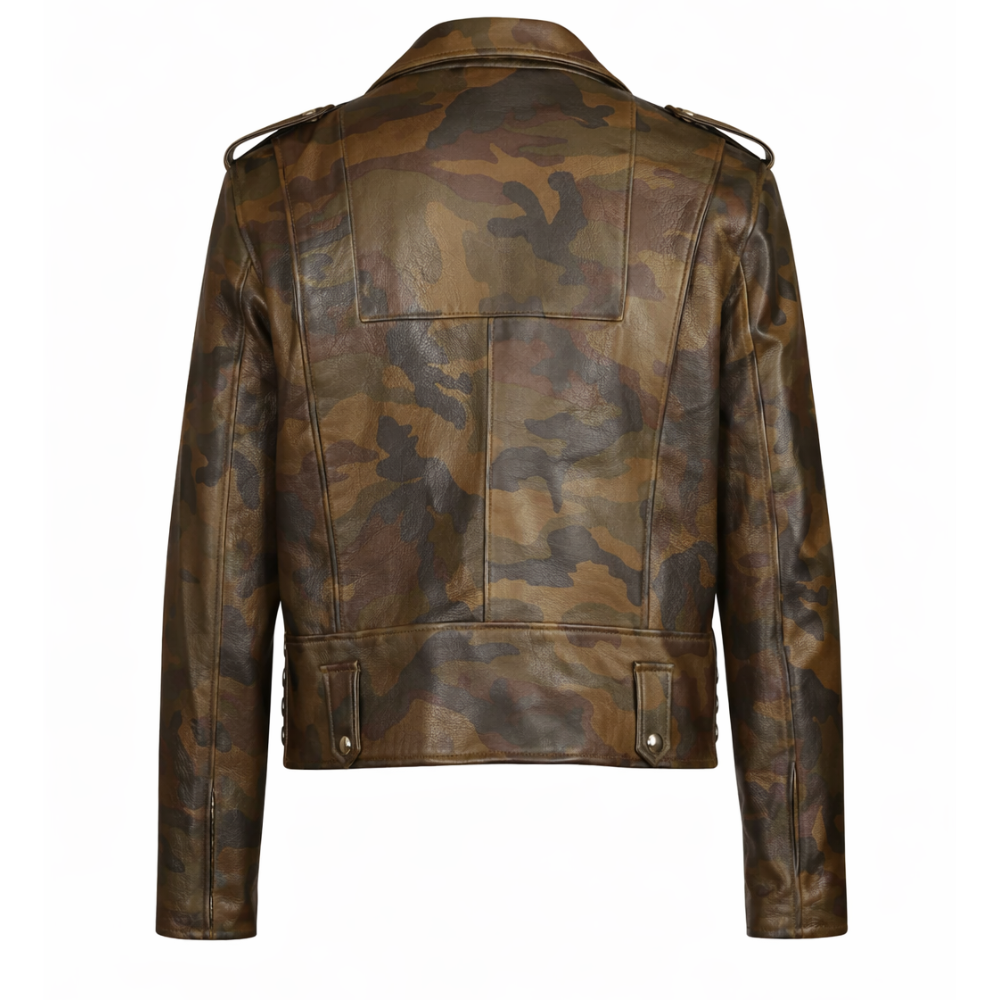 Men’s military style camouflage leather jacket with modern fit