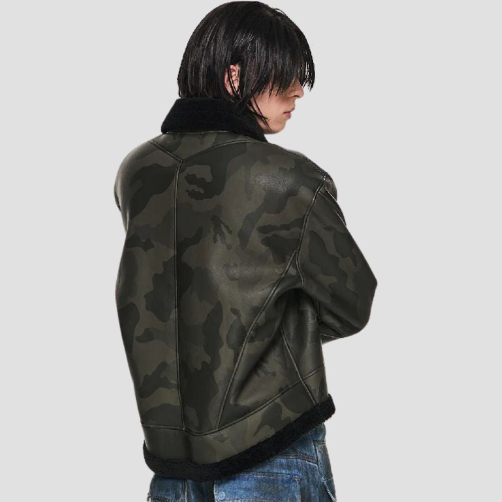 Men’s camouflage leather jacket with cozy black faux fur interior.