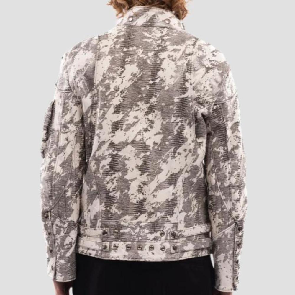Unique frosted marble effect camouflage leather jacket with zipper design.