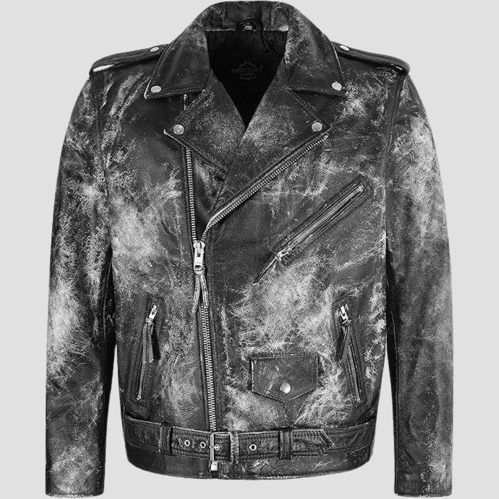 Black distressed leather motorcycle jacket for men.