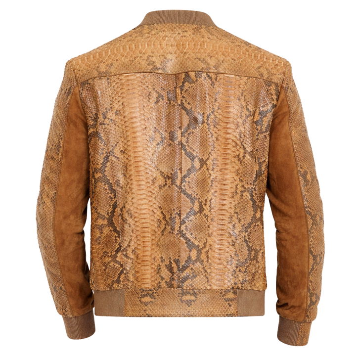 Stylish men snakeskin embossed leather bomber jacket