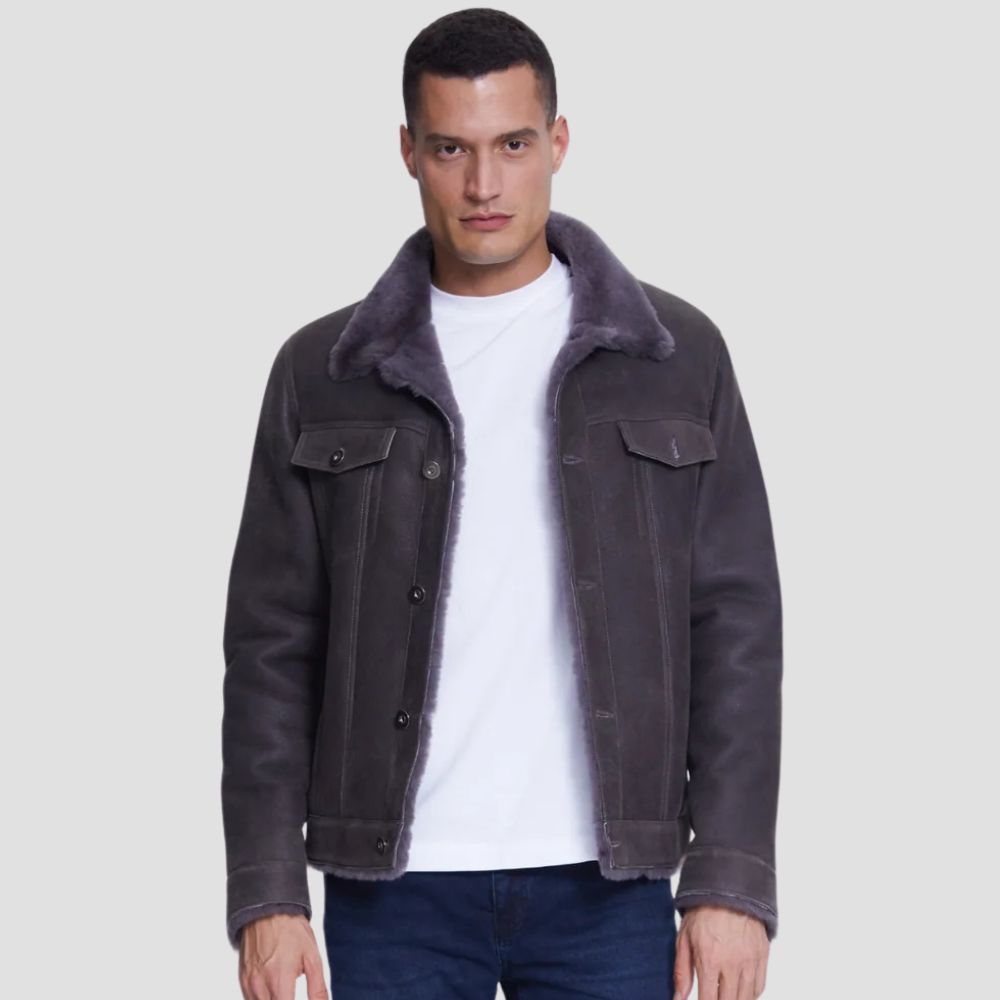 Stylish gray suede trucker jacket for men with soft fur lining.