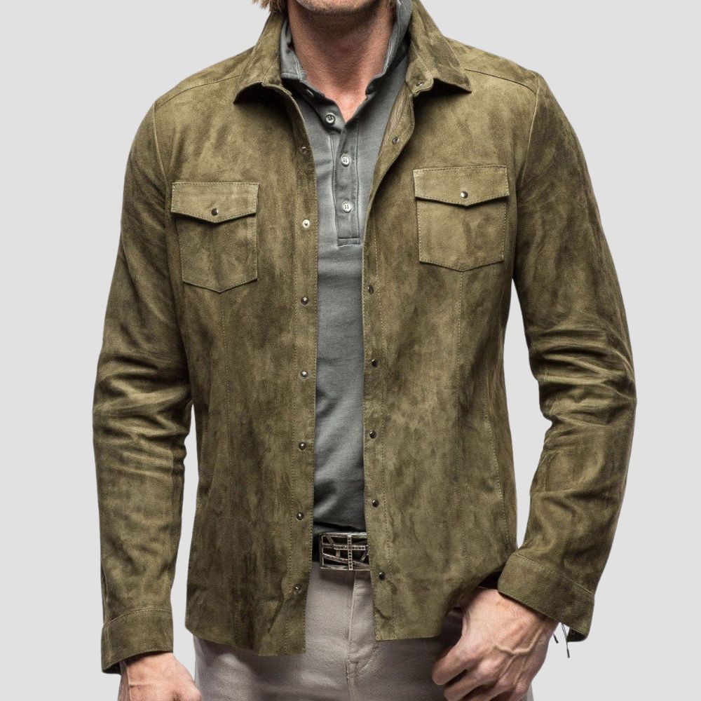 Luxury men’s green suede leather shirt with a casual and versatile design.