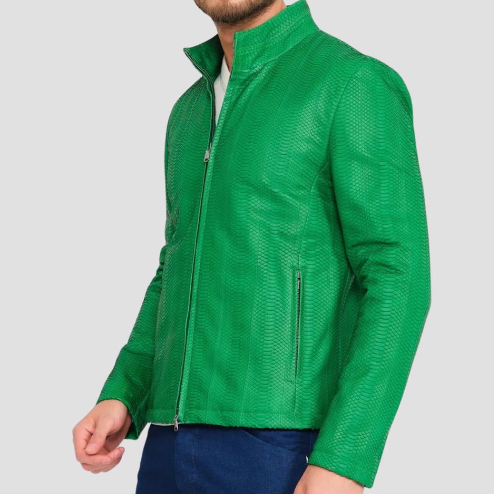 Luxurious green snake-pattern leather jacket, perfect for casual and formal occasions.