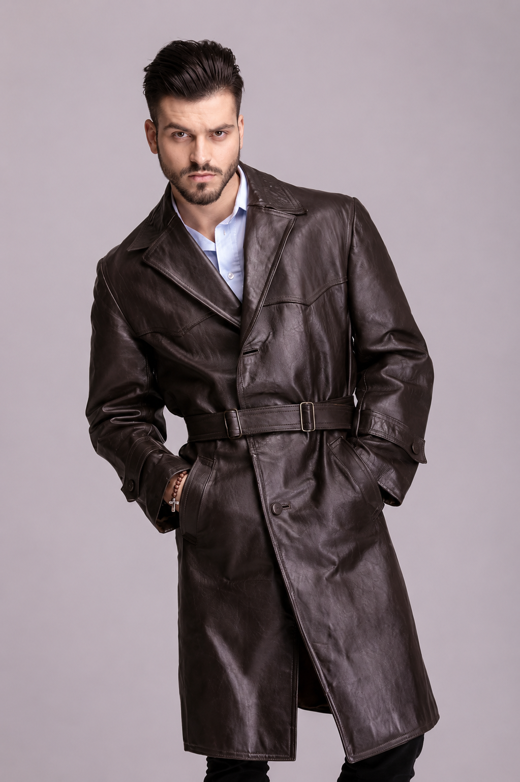 sheepskin leather trench coat for men