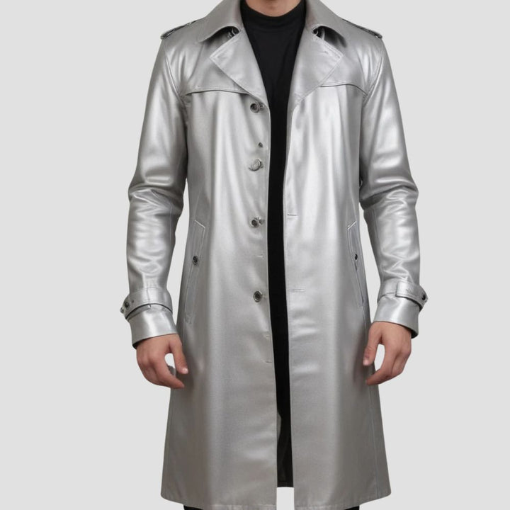 Comfortable men’s silver leather trench coat with polyester lining.