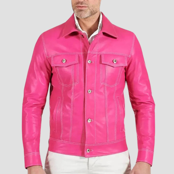 Luxury men’s pink leather shirt made from sheepskin with trucker-style design.