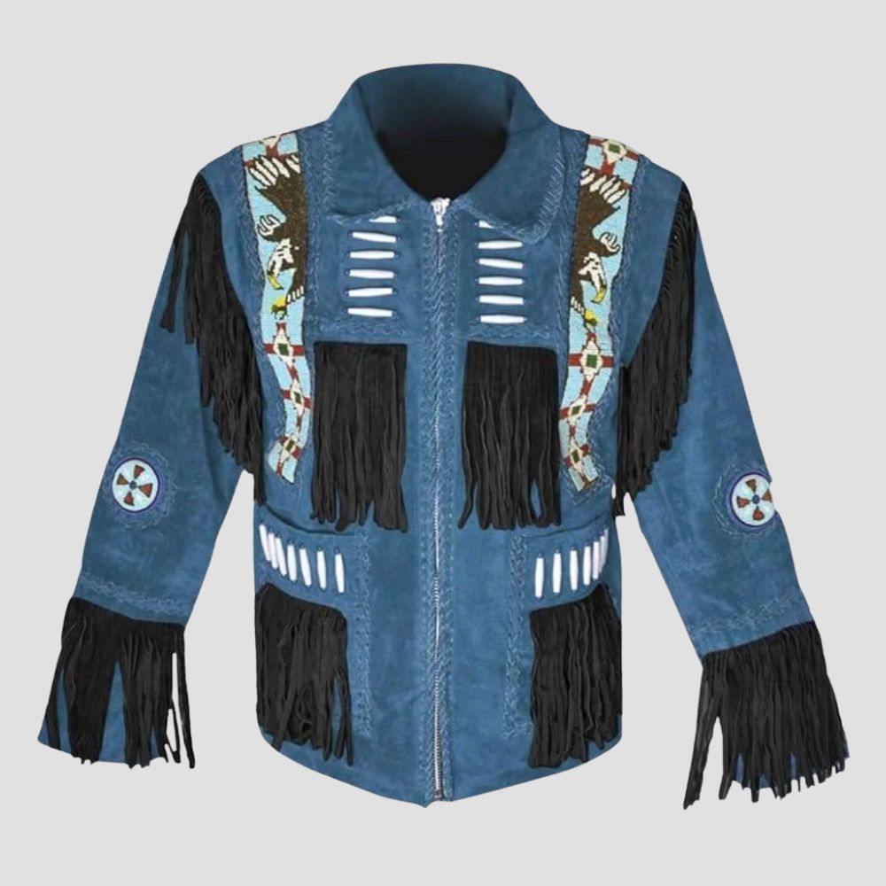 Embrace western elegance with this premium blue suede fringe jacket, designed for the modern cowboy style.