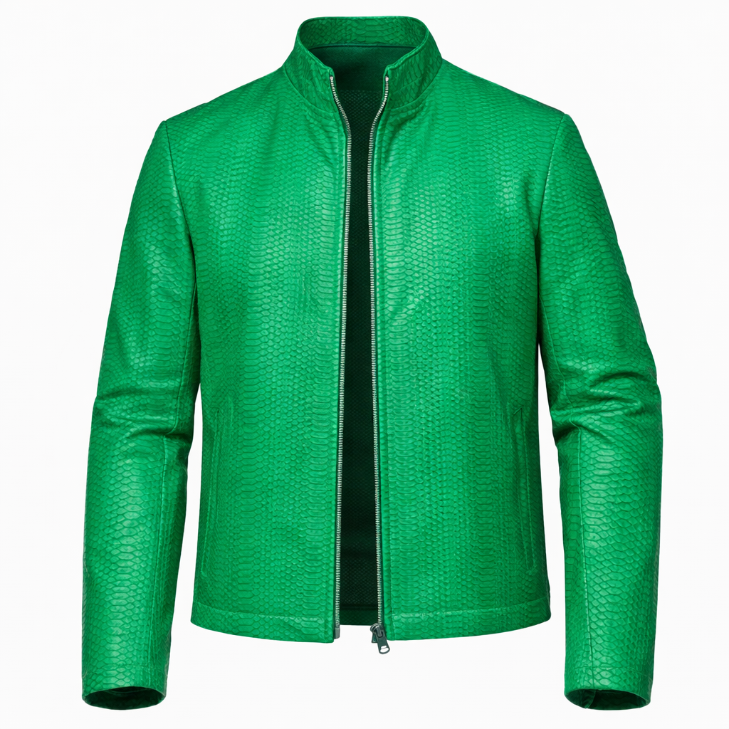Men’s designer python leather jacket featuring embossed snake skin texture