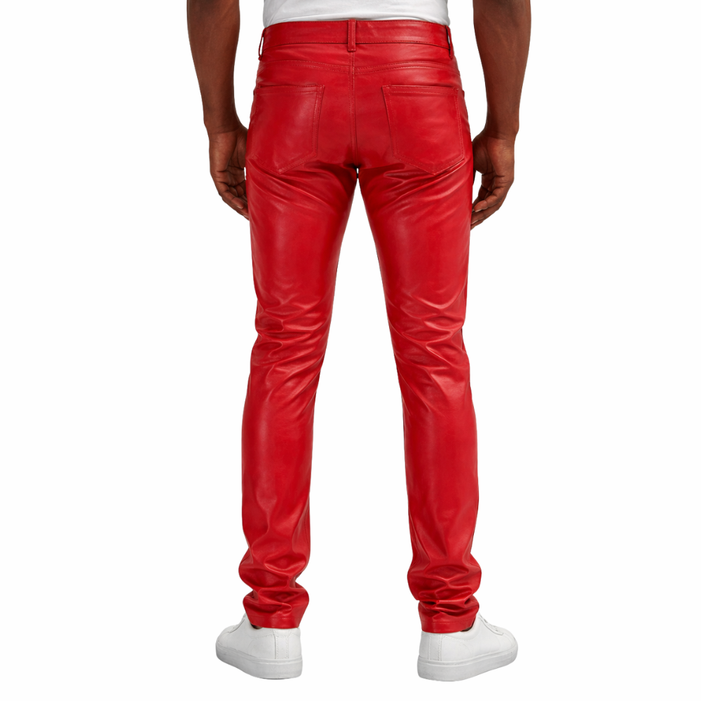 Bold red leather trousers for men casual outfits