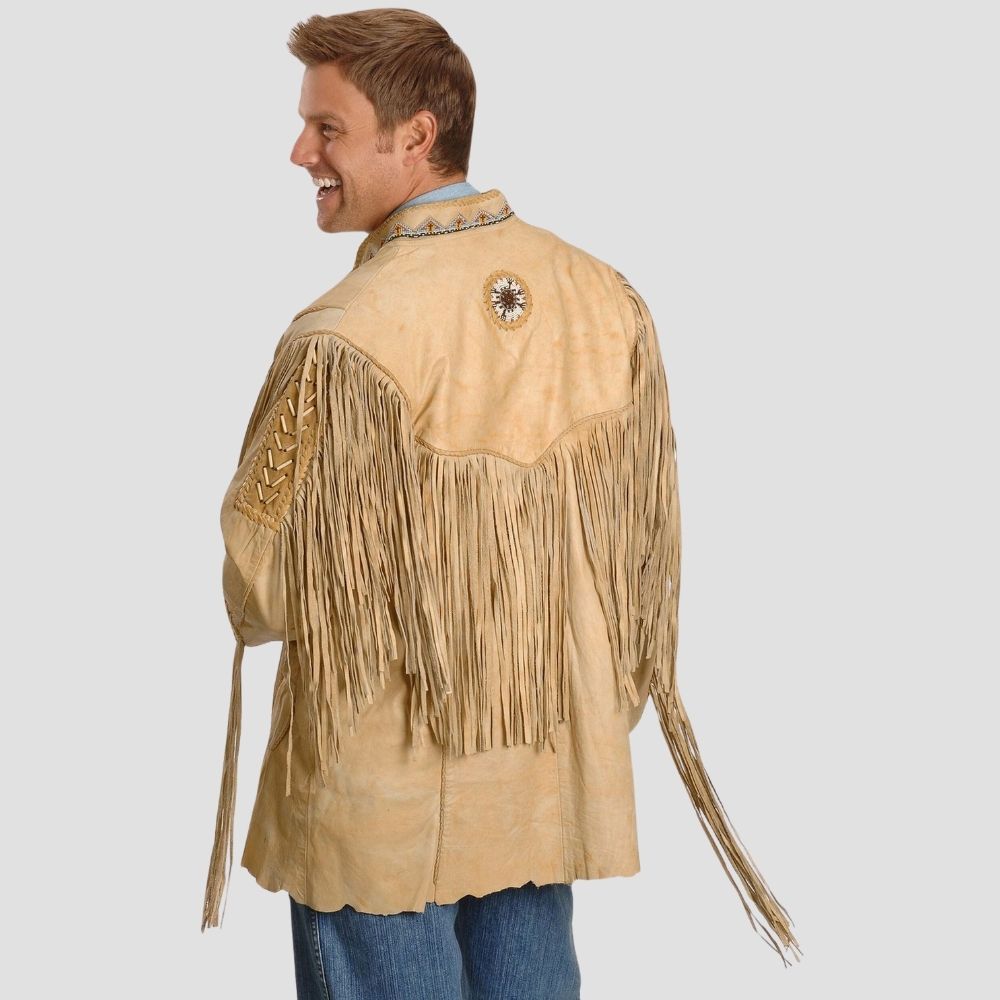 Brown fringe leather jacket with soft polyester lining for men.