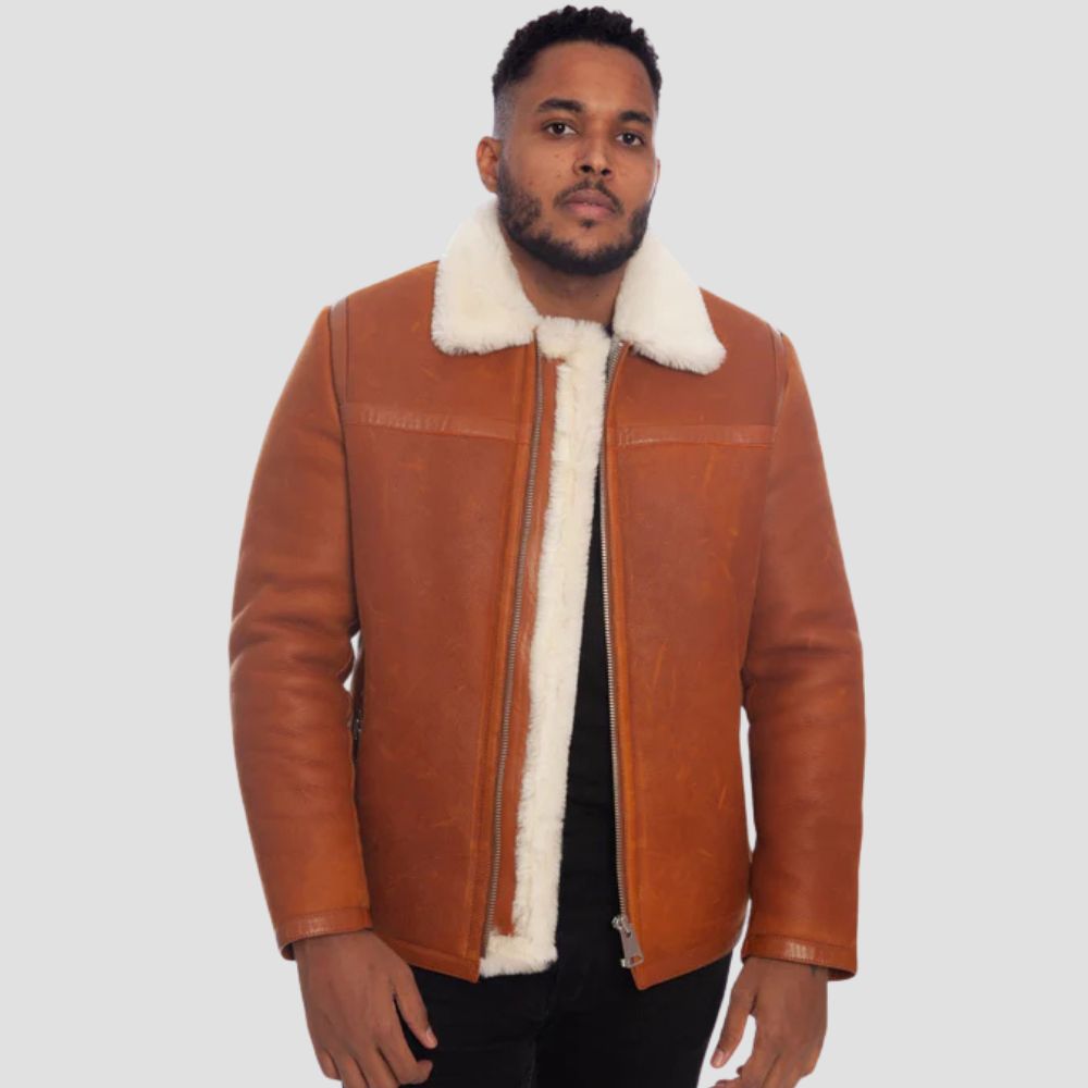 Stylish men’s sheepskin leather jacket with white faux fur lining