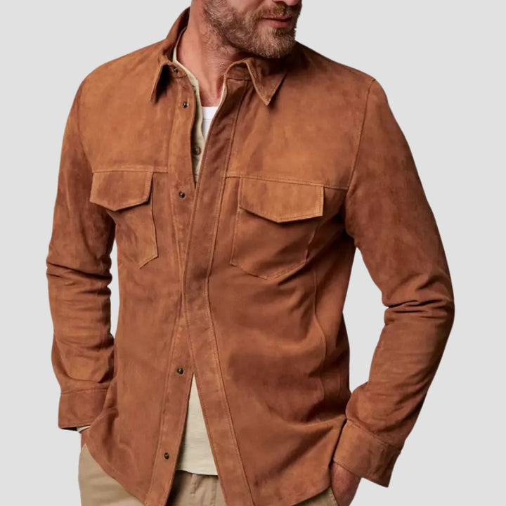 Men’s casual suede leather shirt in brown with polyester lining