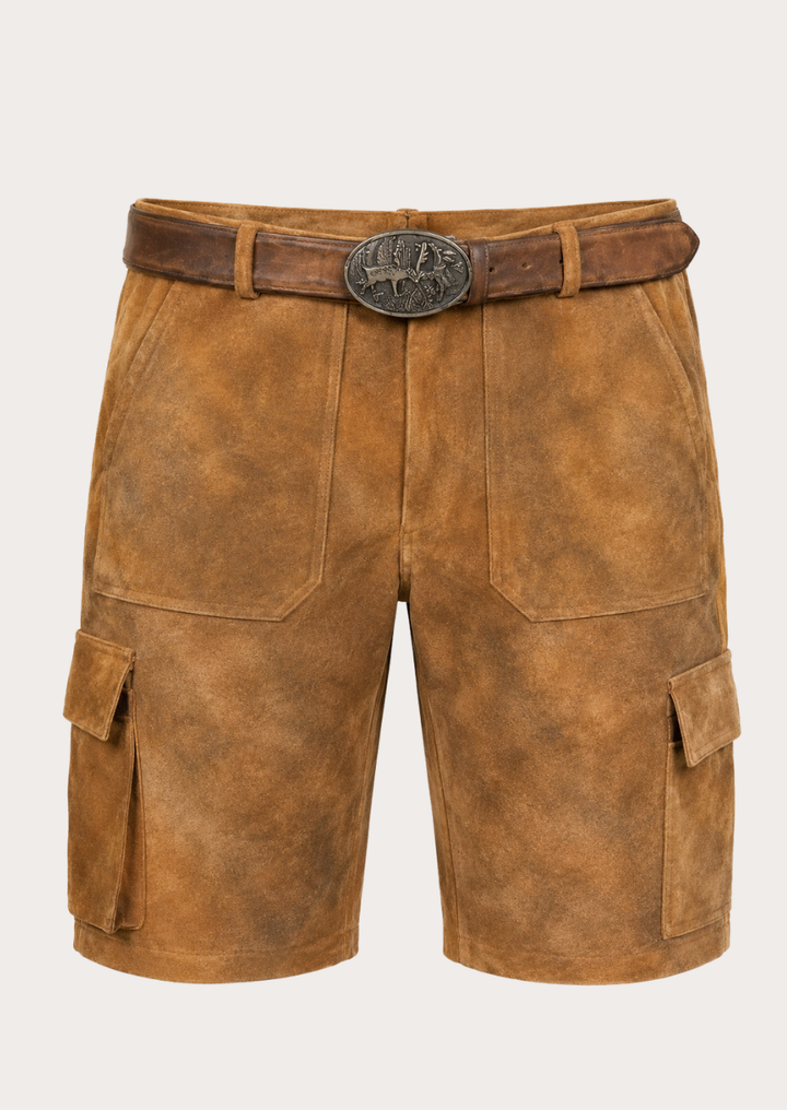 Men tan cargo lederhosen shorts crafted from premium suede leather for Oktoberfest