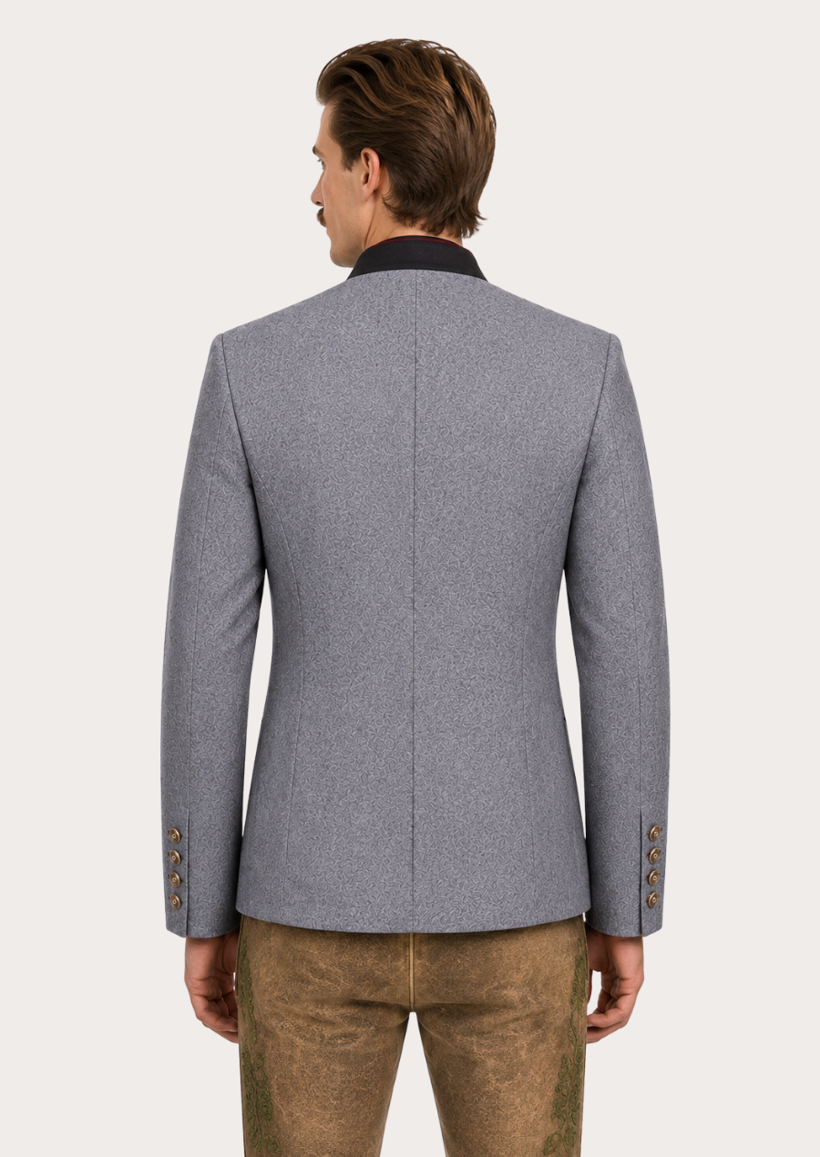Men's Austrian Trachten jacket featuring heritage buttons and burgundy trim accents