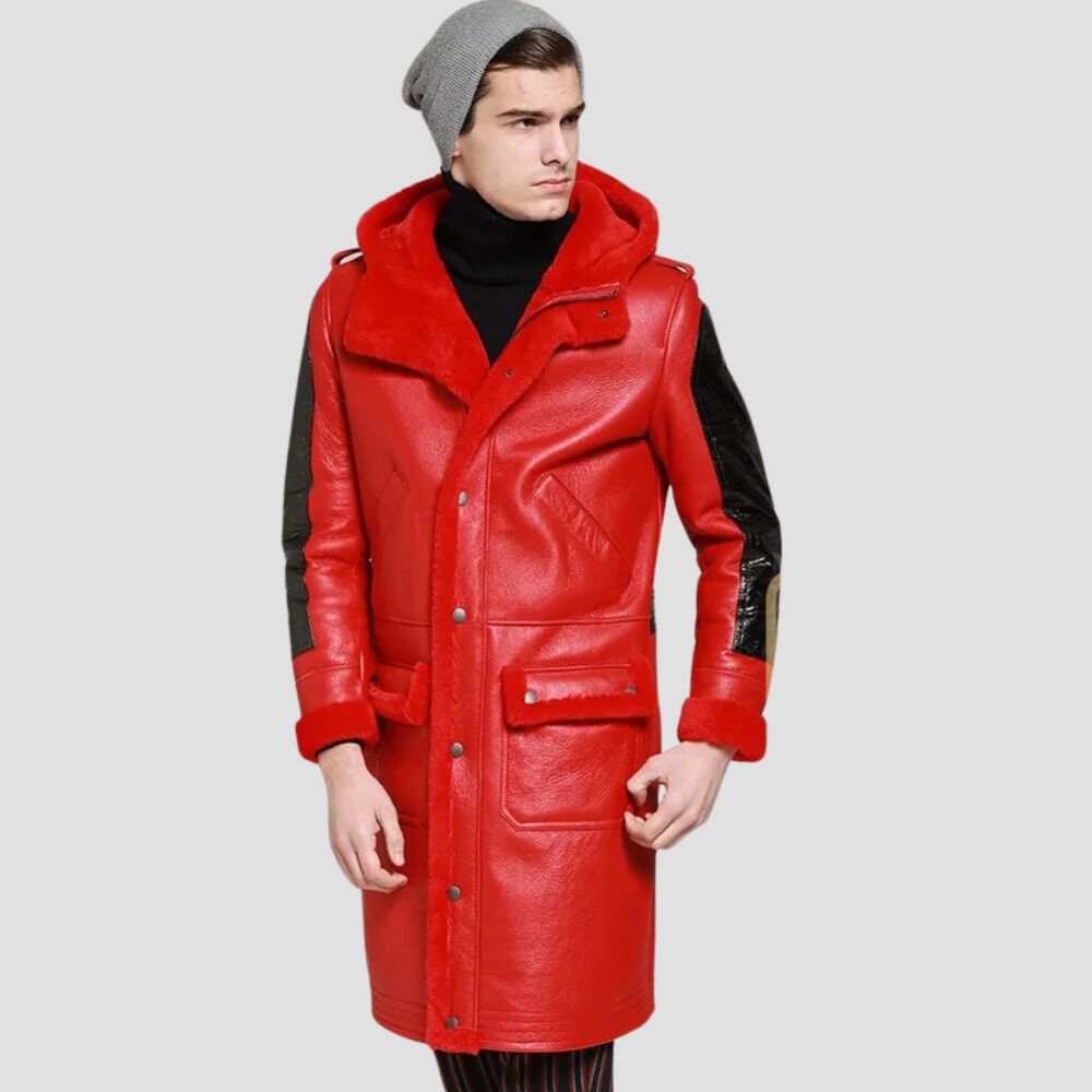 Stand out this winter with a bold red B3 bomber shearling leather trench coat that offers both warmth and style.