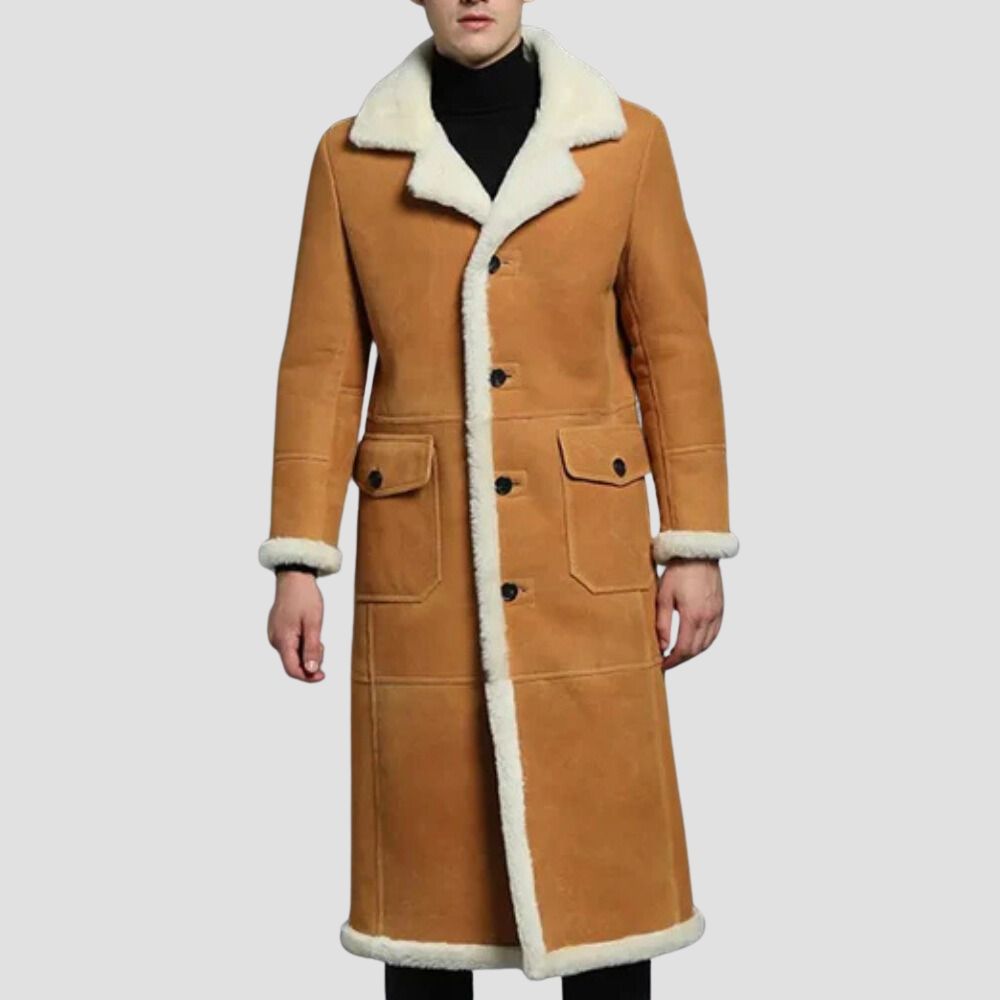 Embrace winter in style with this brown B3 bomber shearling trench coat for a sleek look.