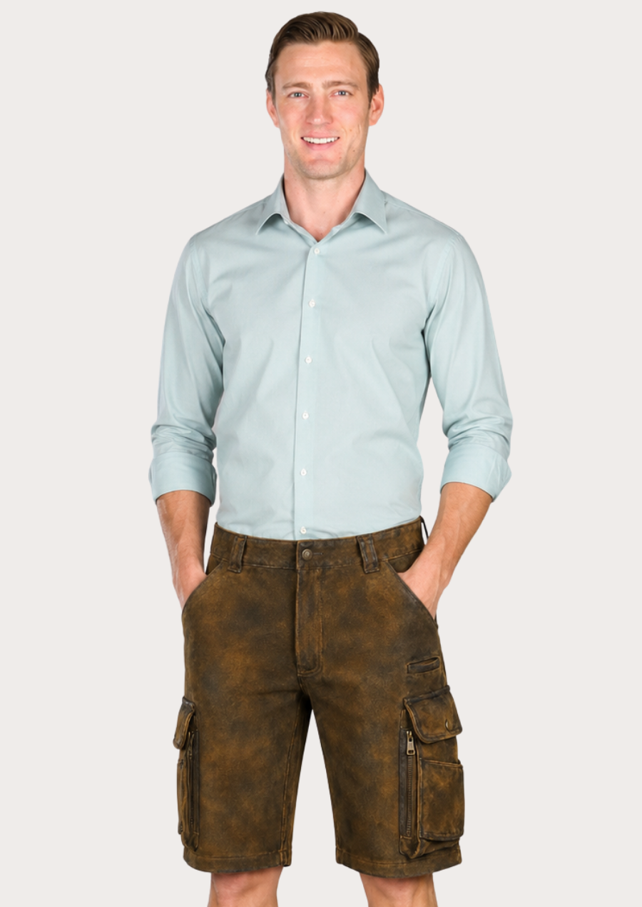 Traditional Bavarian Lederhosen cargo shorts for men with vintage worn leather finish