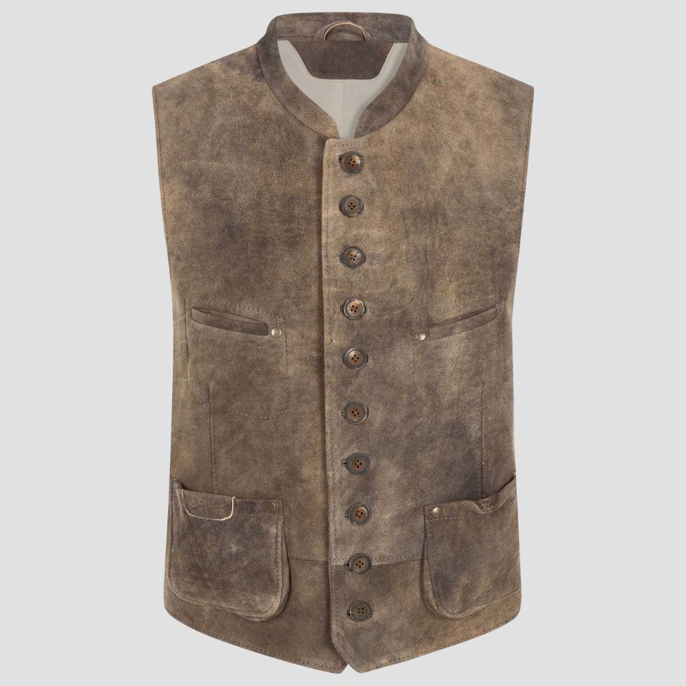 Showcase your Oktoberfest style with this men’s Bavarian leather vest, featuring exquisite embroidery for an authentic look.