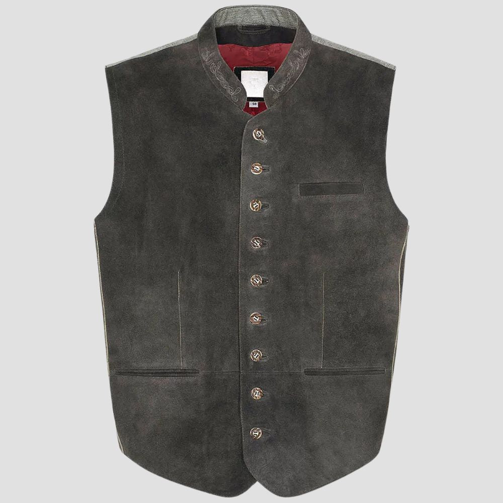 Add a touch of tradition and style to your Oktoberfest outfit with this Bavarian leather Trachten vest, featuring elegant embroidery.