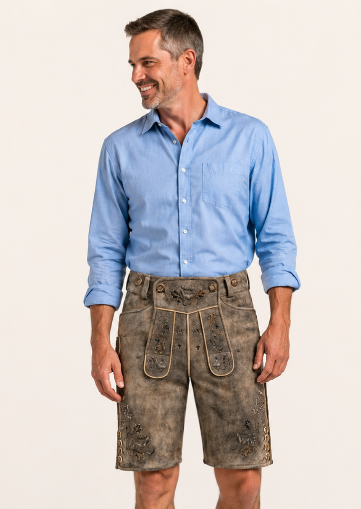 Men’s Bavarian lederhosen suede knee-length shorts with horn buttons and side knife pocket detail