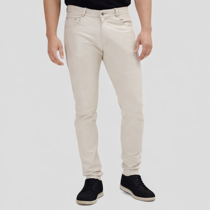 Men’s beige leather pants made from premium quality leather
