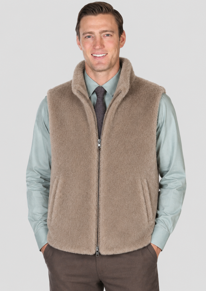 Men's beige sherpa fur vest with stand-up collar and full zip closure.