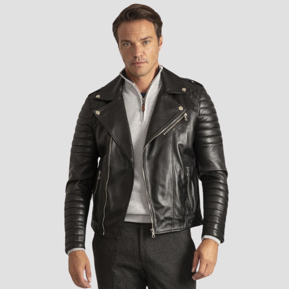 Upgrade your riding style with this modern men’s leather motorcycle jacket, perfect for a trendy, fashionable look.