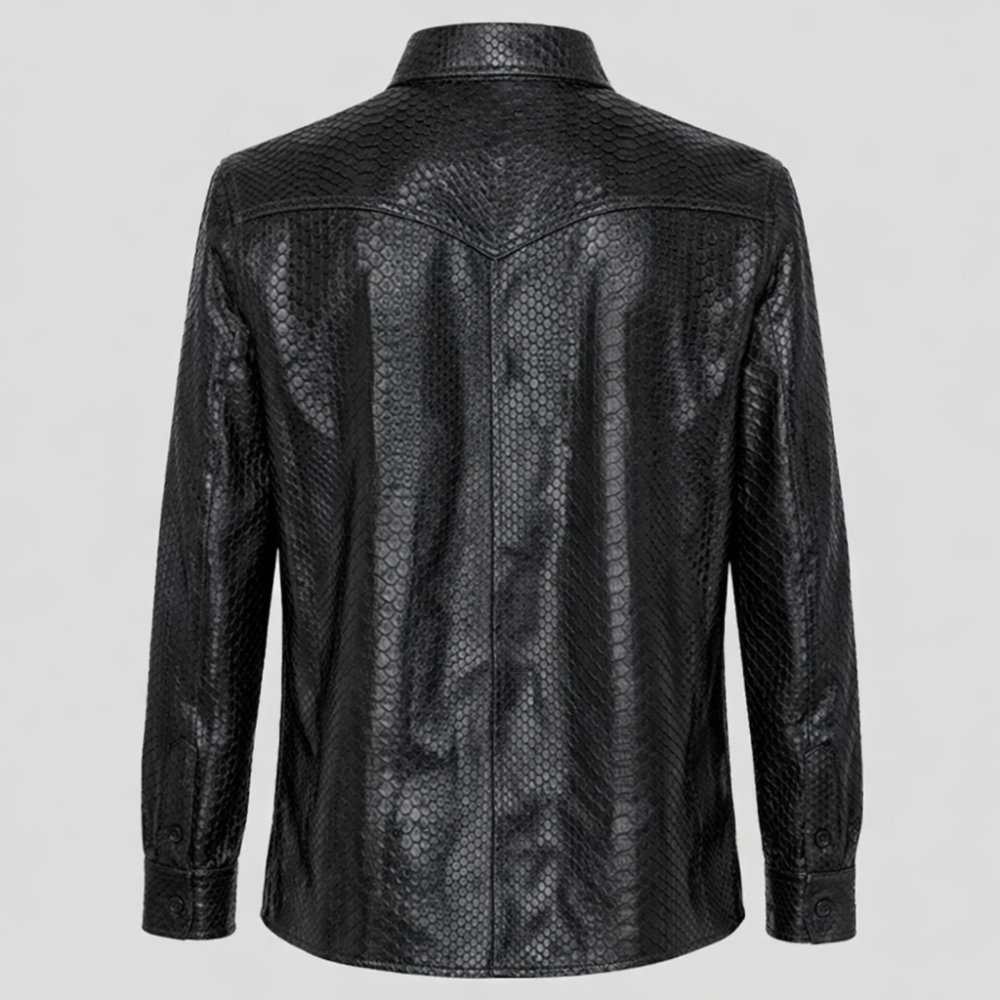 Stylish men black embossed crocodile leather shirt trendy outfit