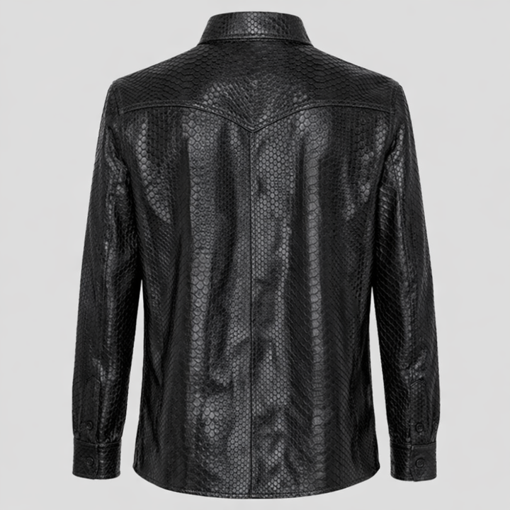 Stylish men black embossed crocodile leather shirt trendy outfit