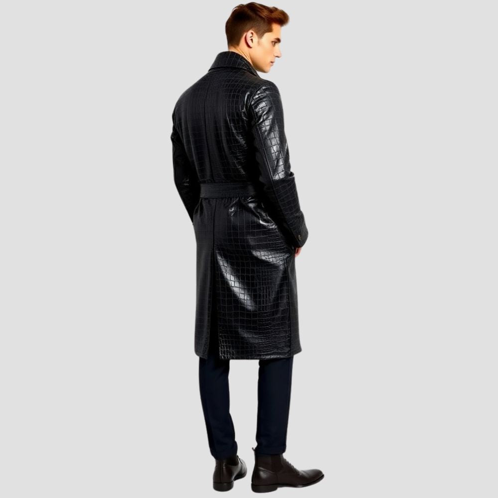 Embrace the colder months in style with a sleek black crocodile leather coat, designed for modern men.