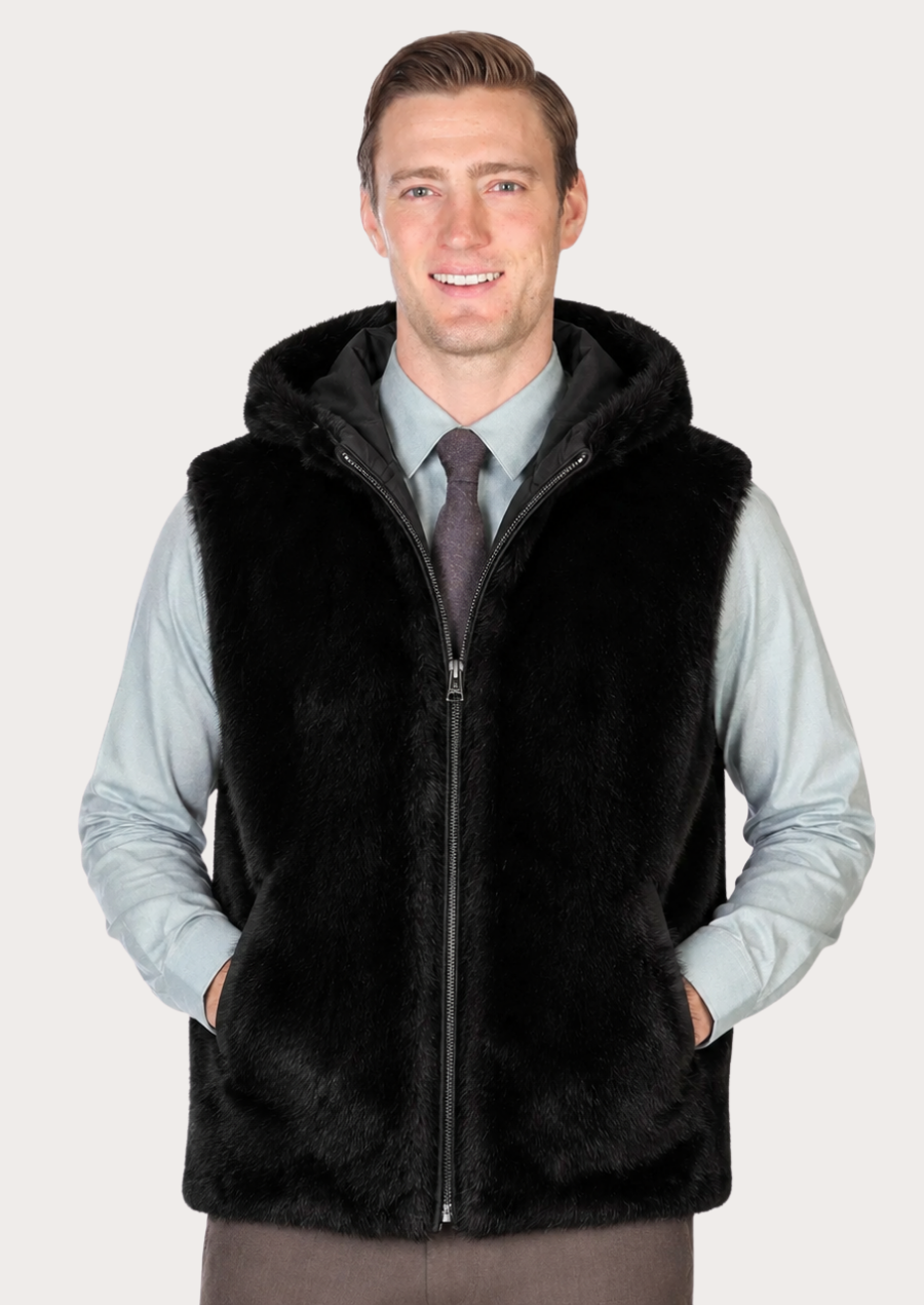 Men's black faux fur hooded vest with full zip closure and luxury winter styling.