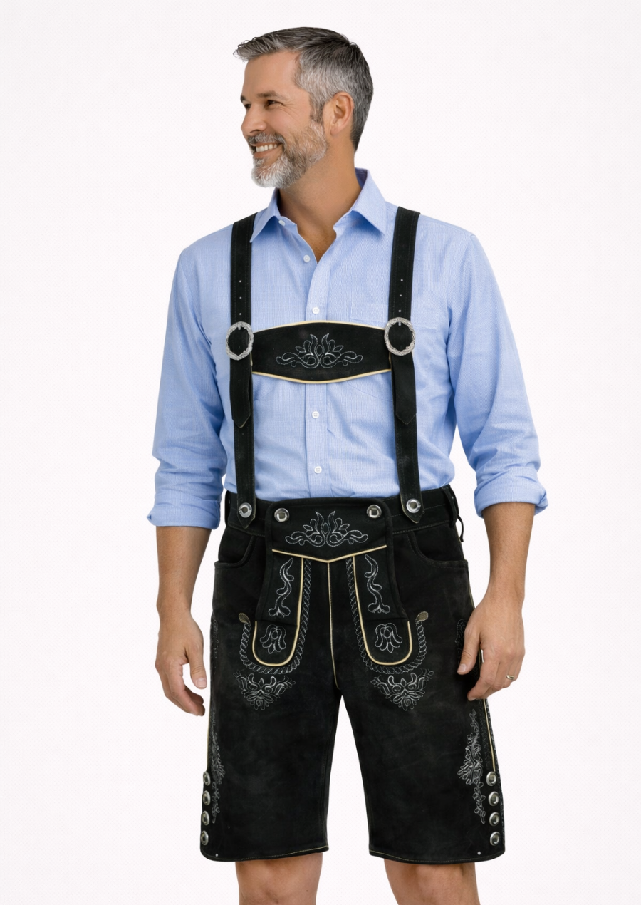 Men's Black Goat Suede Lederhosen for Oktoberfest Celebrations