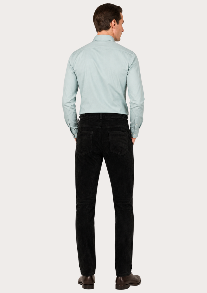 Stylish black suede leather trousers designed for casual, biker, and evening wear