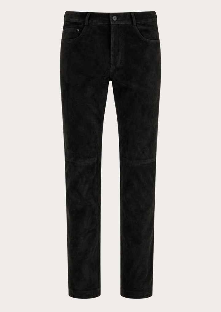 Men's black suede pants crafted from premium lambskin leather with a straight-leg fit