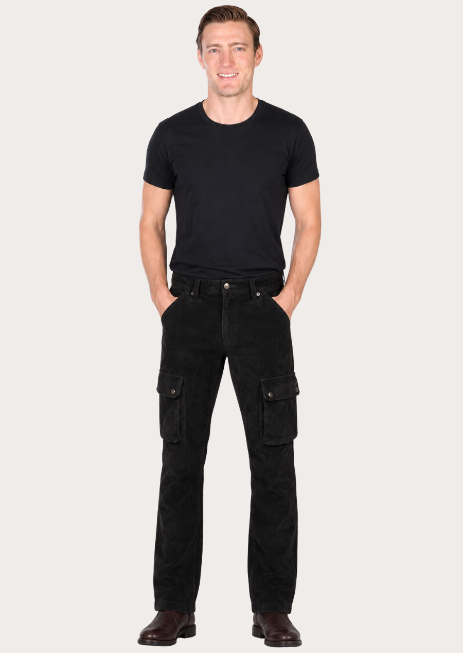 Men’s black suede cargo trousers crafted from genuine sheepskin leather