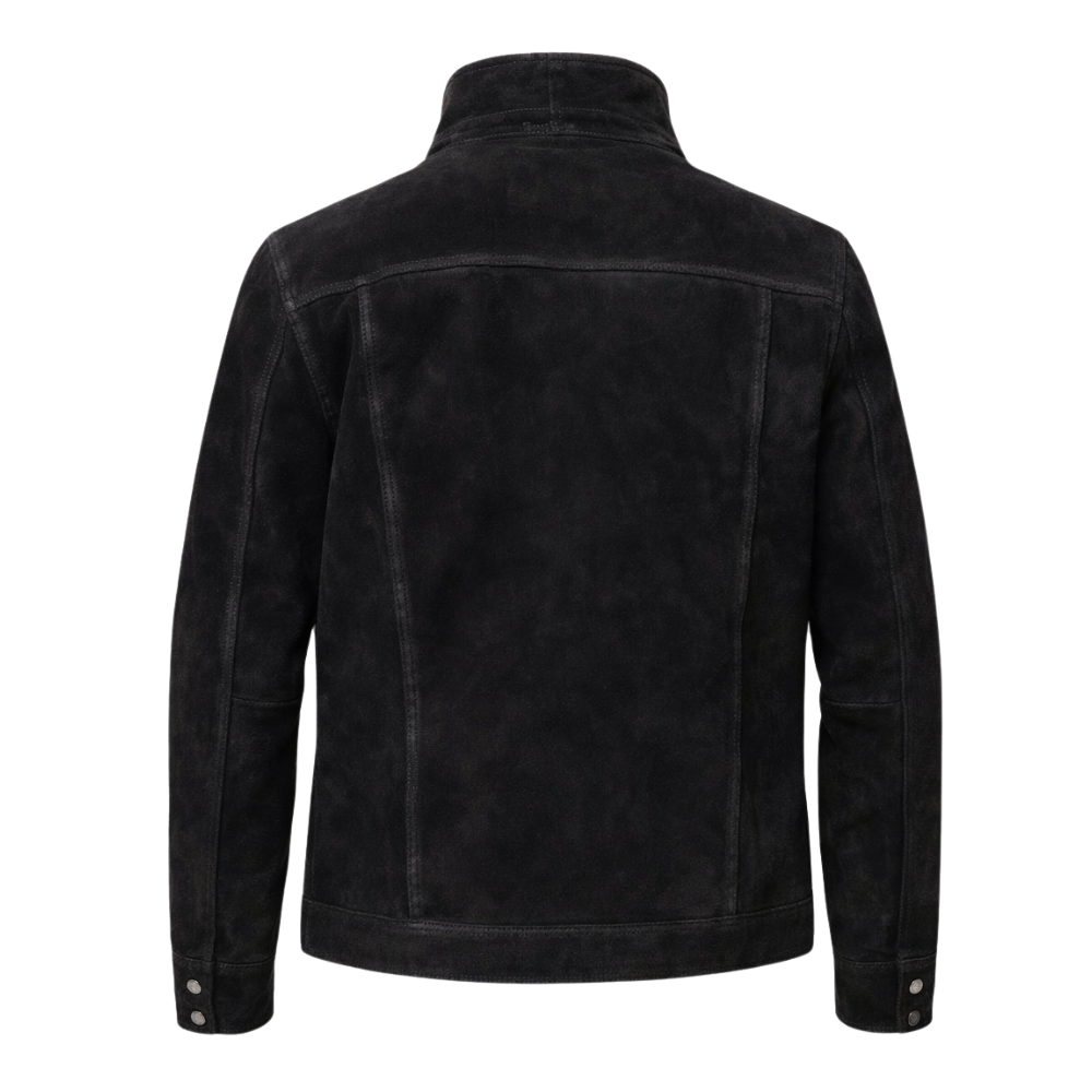 Men's black suede western trucker jacket with authentic design