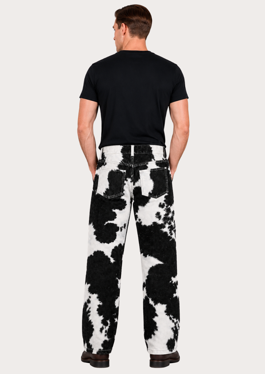 Men’s black white cowhide trousers crafted from premium leather with natural hair-on texture