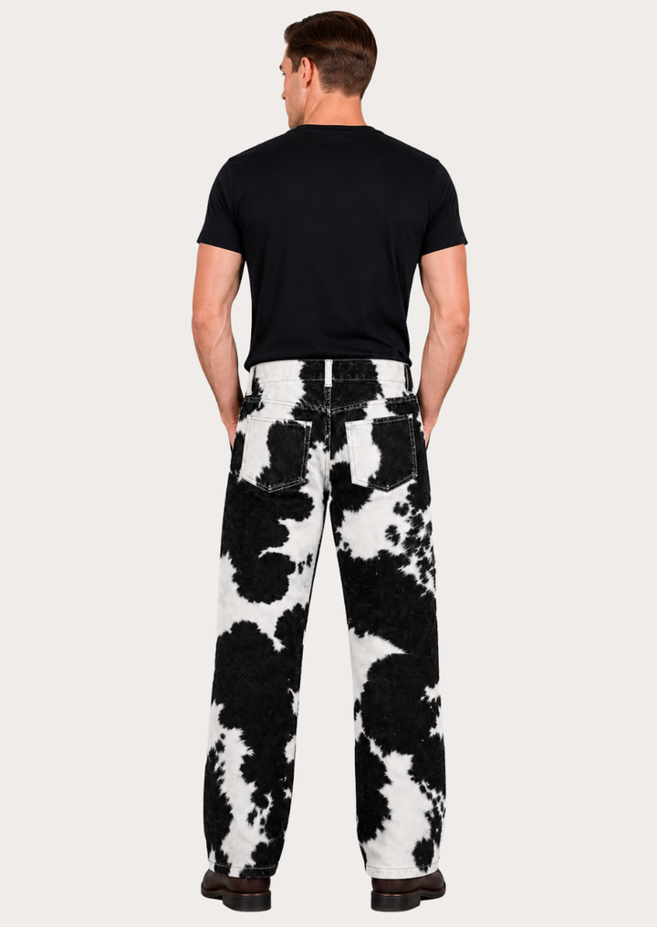 Men’s black white cowhide trousers crafted from premium leather with natural hair-on texture