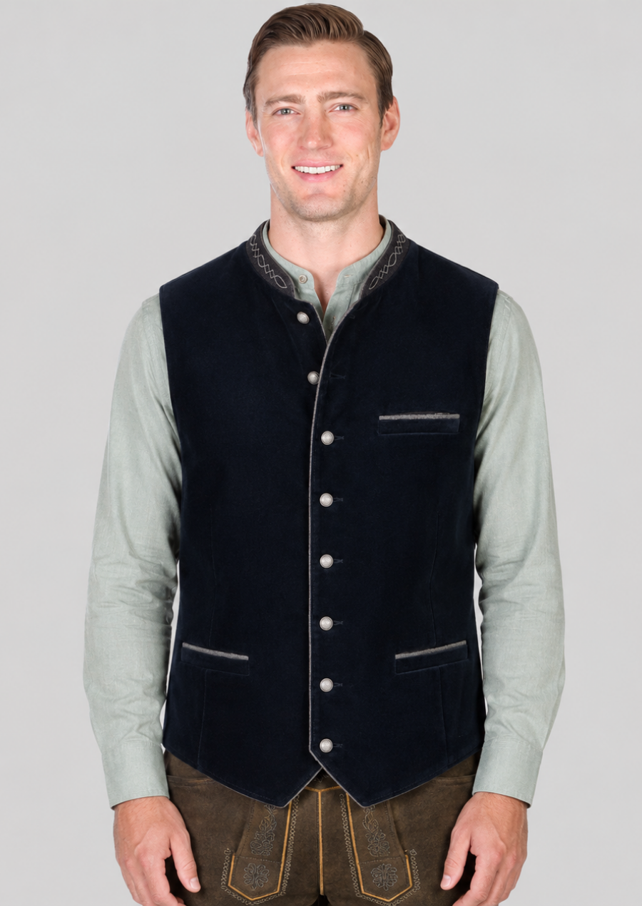 Men's blue velvet waistcoat with embroidered collar designed for Oktoberfest celebrations