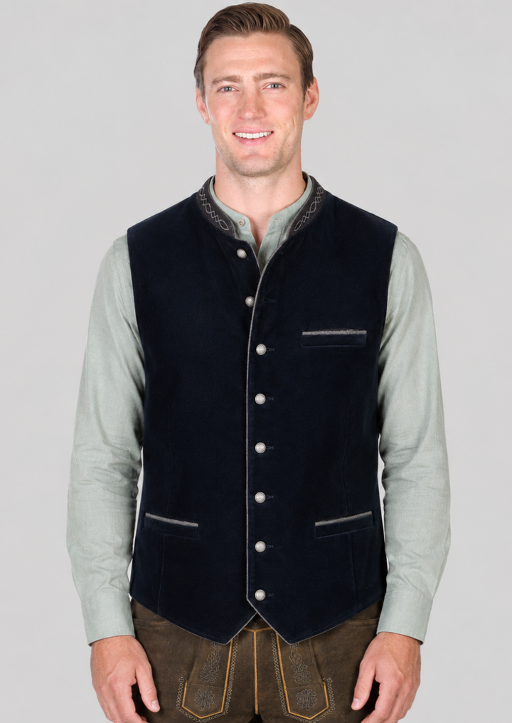 Men's blue velvet waistcoat with embroidered collar designed for Oktoberfest celebrations