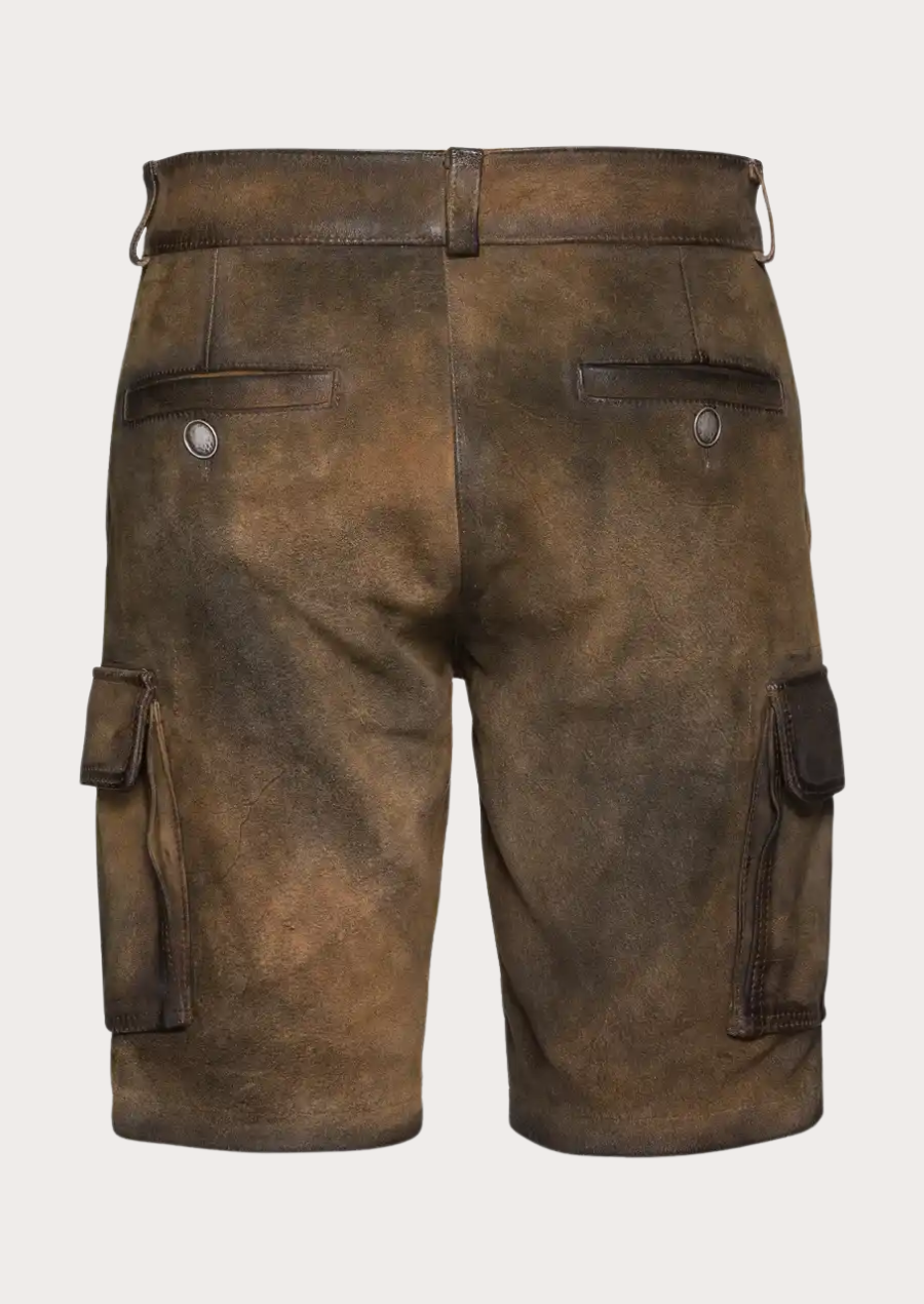 Men's brown Lederhosen cargo shorts crafted for Oktoberfest and outdoor wear