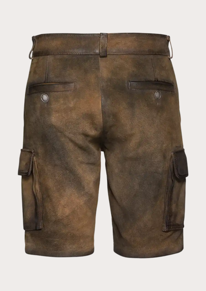 Men's brown Lederhosen cargo shorts crafted for Oktoberfest and outdoor wear