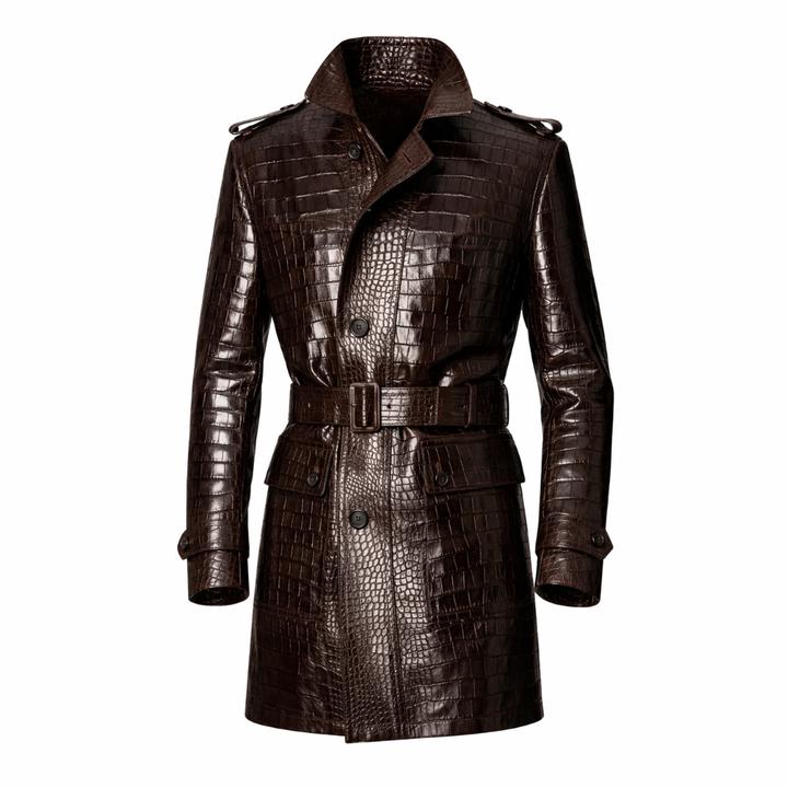 High-quality men’s brown crocodile textured leather coat