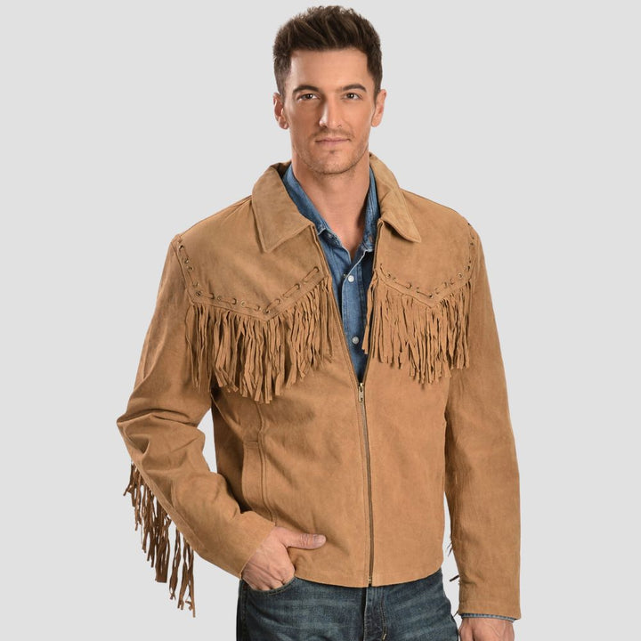 Crafted for the modern cowboy, this suede fringe leather jacket brings a distinctive edge to your western-inspired outfits.