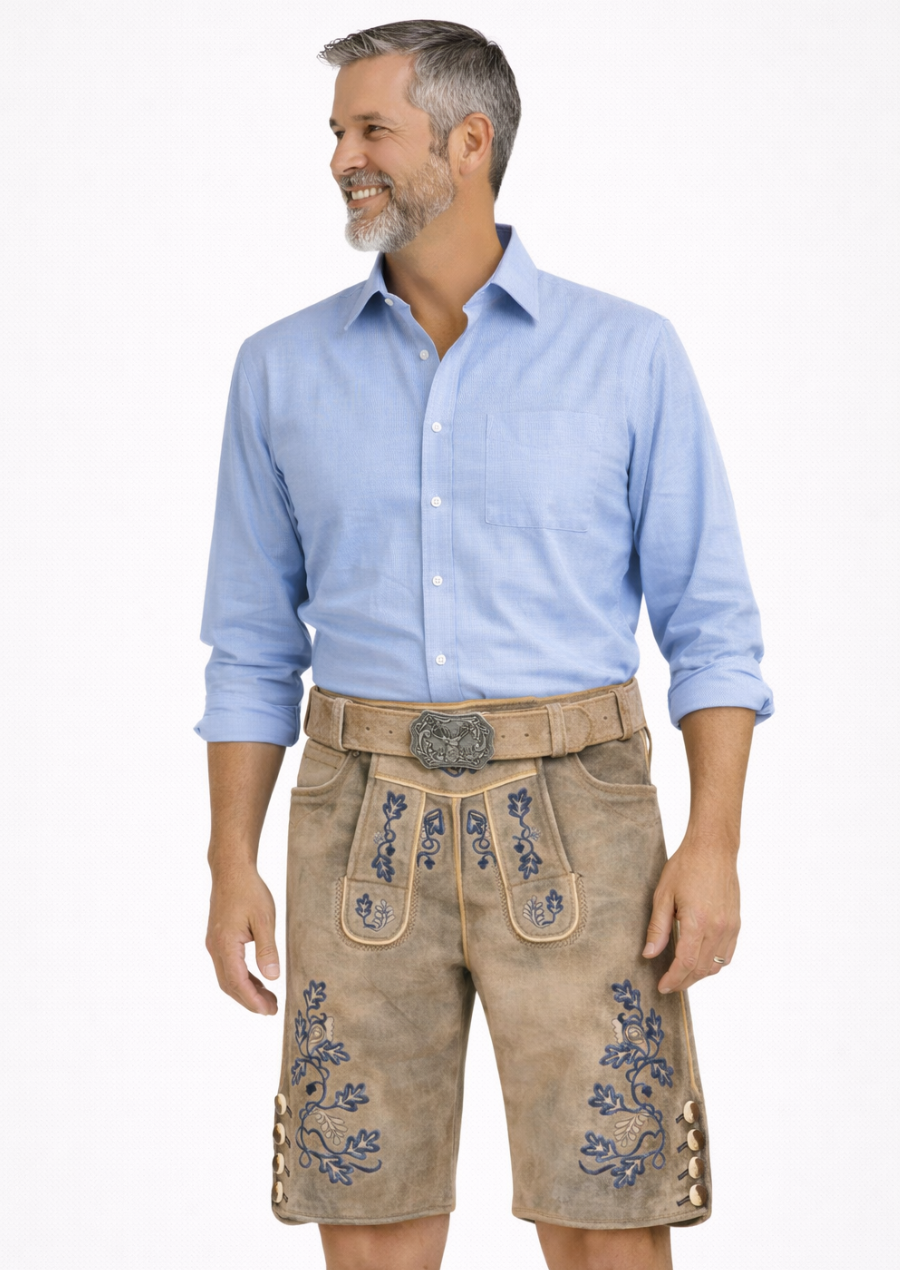 Men's Brown Goat Suede Lederhosen with Blue Embroidery for Oktoberfest