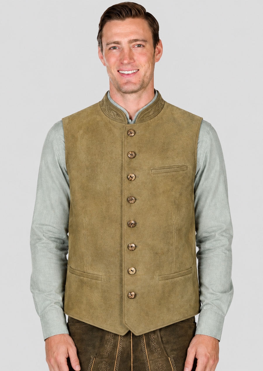 Men's brown goat suede Trachten waistcoat crafted for Oktoberfest celebrations