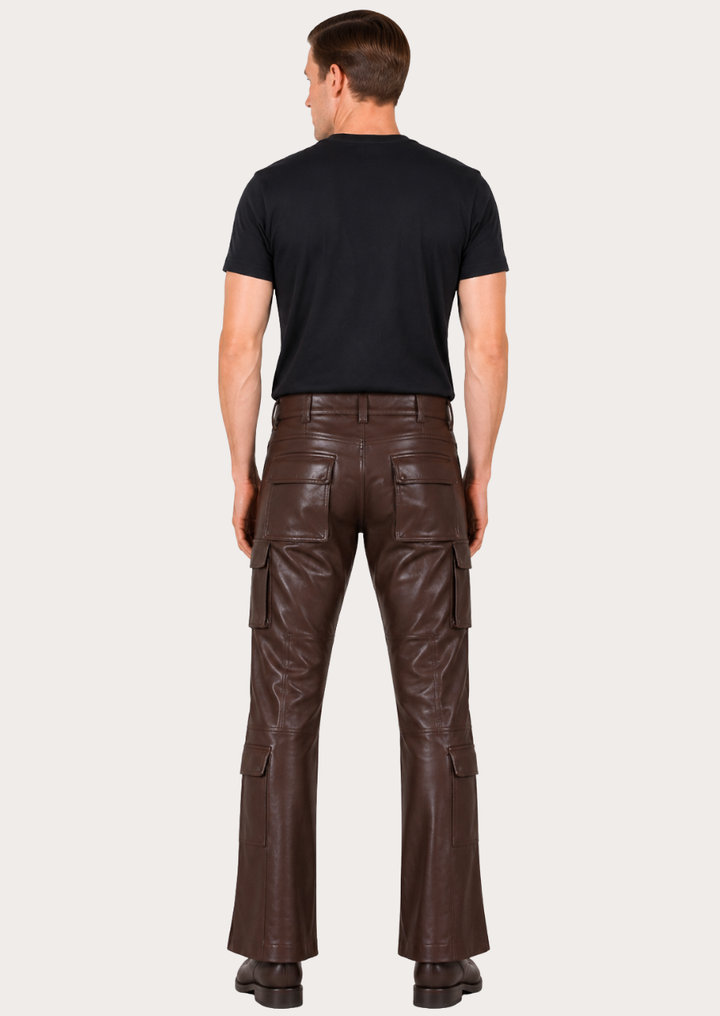 Men’s brown sheepskin leather cargo trousers featuring premium craftsmanship and functionality